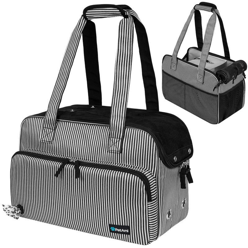 PetAmi Small Dog Purse Carrier, Soft-Sided Pet Carrier Bag with Pockets, Portable Puppy Cat Travel Handbag Tote, Airline Approved Breathable Mesh, Poop Bag Dispenser, Max 18 lbs, Stripe Black - PawsPlanet Australia