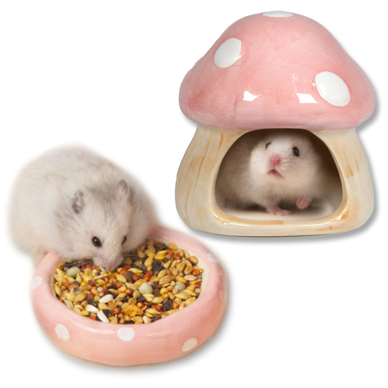 Ceramic Mushroom Habitats Hamster Hideout，Hamster House Hamster Hideaway House Habitats Food Feeding Bowl Gerbils Chinchillas Ferrets Hedgehog Small Animals(Pink Mushroom set) Pink Mushroom set - PawsPlanet Australia