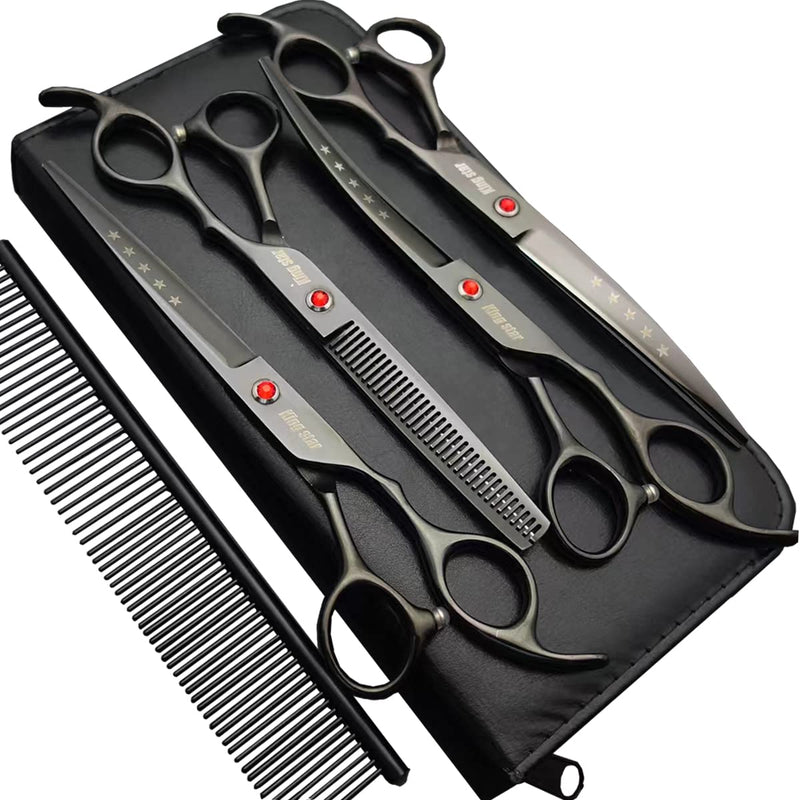 7.0in Titanium Professional dog Grooming Scissors set,Straight & Thinning & Curved scissors 4pcs set for Dog grooming Bright Black With Comb - PawsPlanet Australia