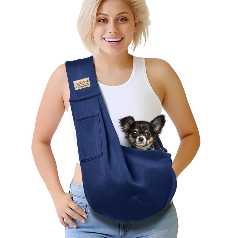 Pet Dog Sling Carrier for 3-10 lbs pet,Dog Purse Pouch,Dog Satchel,Reversible unadjustable Strap Travel Hand-Free Safe Bag Small Puppy Backpack (Dark Blue) Dark blue M - Classic Strap - PawsPlanet Australia