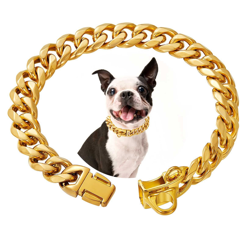 Stainless Steel Silver Gold Dog Collars with Safety Buckle Lock,18K Cuban Link Chain Training Collar,15MM Strong Dog Necklace Heavy Duty Chew Proof for Small Medium Large Dog 10 inch - PawsPlanet Australia
