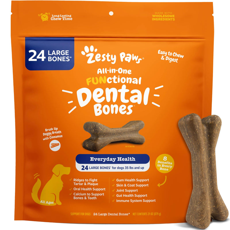 Zesty Paws Dental Bones - Fights Tartar & Plaque - Gum, Teeth & Bone Health - Cinnamon for Dog Breath - Immune, Joint, Gut, Skin & Coat Support - Omega 3 EPA & DHA and Calcium - Large Dogs - 24 ct 24 Count - PawsPlanet Australia