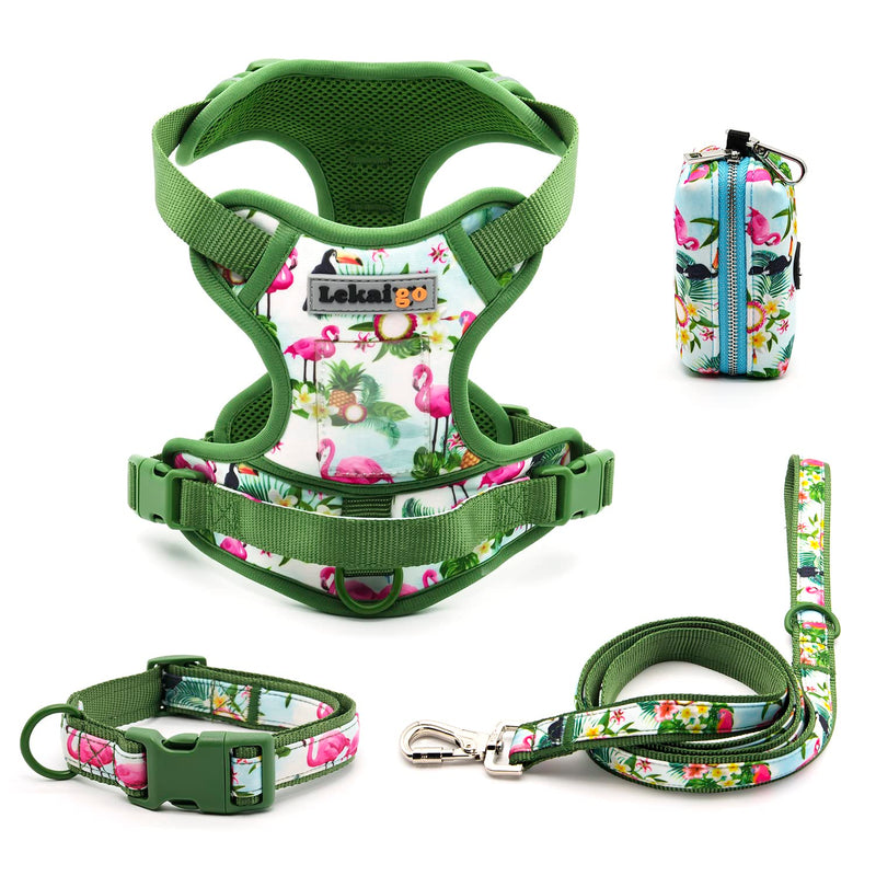 Dog Harness Collar 5ft Leash Poop Bag Holder Set, Reflective Adjustable No-Pull Dog Vest Harness with Safety Lock Easy Control Handle, for Small Medium Large Dogs 4pcs-L-Green L (Neck:16.1"-23.2"; Chest:20.5"-36.6") Green - PawsPlanet Australia