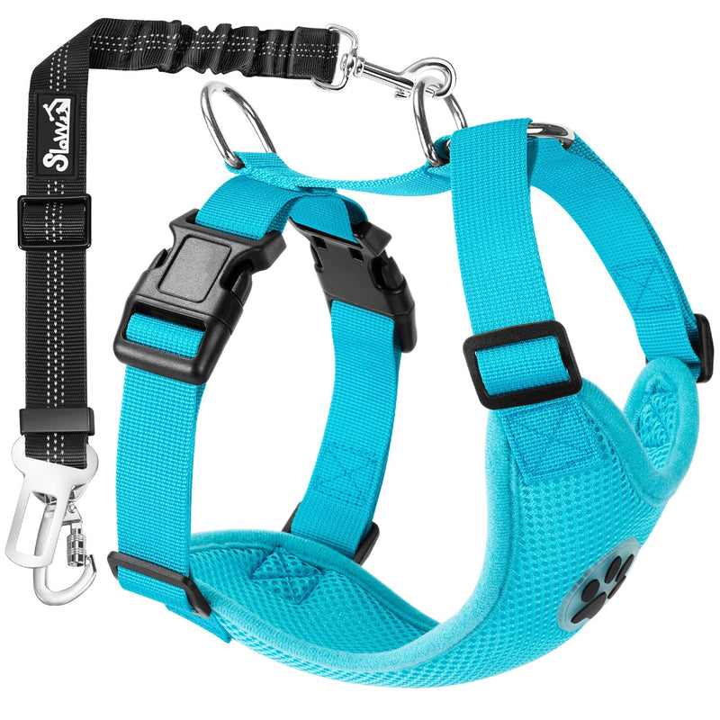 SlowTon Dog Seat Belt Harness for Car, Dog Car Harness Adjustable Mesh Breathable & Dog Seatbelt Safety Tether with Elastic Bungee for Small Medium Large Pets(Light Blue, Double Clip, L) D-Light Blue - PawsPlanet Australia