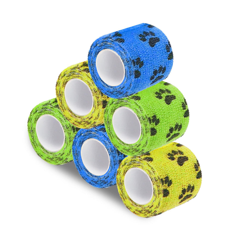 SunGrow Cat Self-Adhesive Bandage, Wound Care, Cuts, Post-Surgery, Hot Spots, 2”(W), Stretchable from 4” to 7”, Breathable Vet Wrap Gauze, 2 Rolls Per Color (Yellow, Blue, Green), 6 Pcs Per Pack - PawsPlanet Australia
