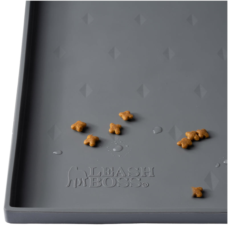 Leash Boss Dog Food Mat for Food and Water Bowls, Waterproof Silicone Pet Feeding Mat for Floors, Extra Tall Raised Edges, Cat and Dog Placemat for Floors, Dishwasher Safe (Small: 18"x11" - Grey) S - 18" X 11" - PawsPlanet Australia