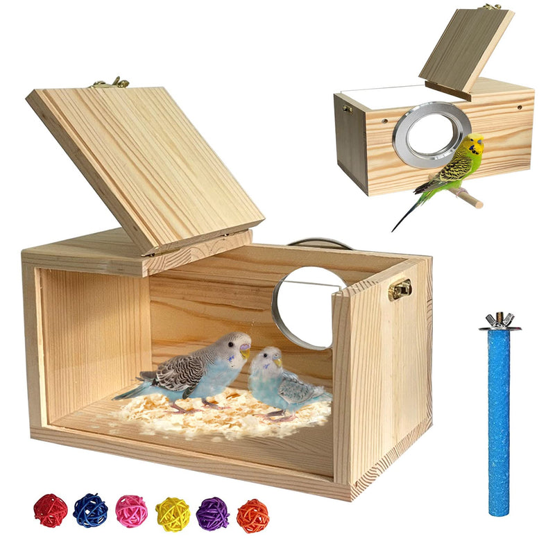 Transparent Parakeet Nesting Box,Wooden Parrot Nest Breeding Box with Perch Natural Bird House for Cage Suitable for Lovebirds Cockatiels Canaries Horizontal Box Small - PawsPlanet Australia