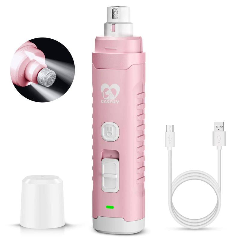 Casfuy Dog Nail Grinder with 2 LED Light for Large Medium Small Dogs - 3X More Powerful 2-Speed Electric Pet Nail Trimmer Rechargeable Quiet Painless Paws Grooming & Smoothing Tool Pink