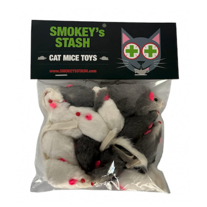 Smokey's Stash Rabbit Fur Mouse Cat Toy 12 per Pack White and Gray Fuzzy Toys for Cats with Rattle Realistic Fake mice (12) - PawsPlanet Australia