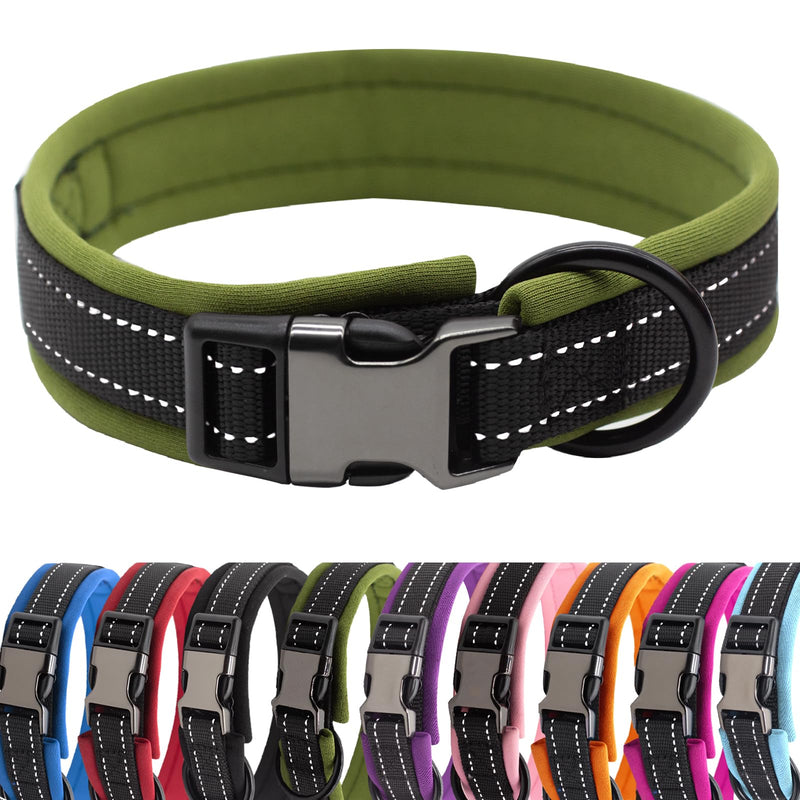 Nylon Padded Dog Collar Soft Adjustable Reflective Wide Pet Collars for Small Medium Large Dogs,Black/Green,S Black/Green - PawsPlanet Australia