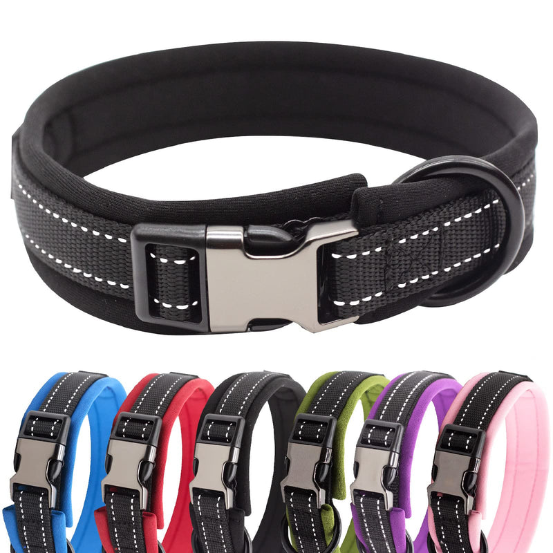 Nylon Padded Dog Collar Soft Adjustable Reflective Wide Pet Collars for Small Medium Large Dogs, Black, S