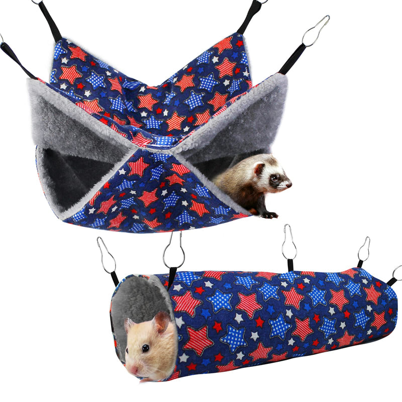 Ferret Rat Hammock Set Guinea Pig Hideout Bed,Soft Hamster Toys Hanging Tunnels and Tubes,Plush Small Animal Pet Chinchilla for Cage Accessories Hide,Play and Sleep,2 Pack,Blue Star Blue - PawsPlanet Australia