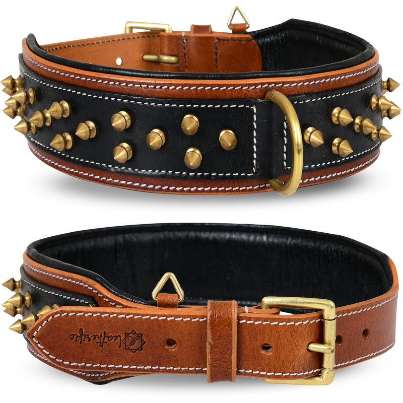 Genuine Leather Dog Collar by Leatherific, Premium Bridle Leather, Heavy Duty, Padded, Strong, Screwed Spikes, Medium, Large, Extra Large Breeds, 2" Wide (Charcoal, Neck Size 22"-26") Charcoal Neck Size 22"-26" - PawsPlanet Australia