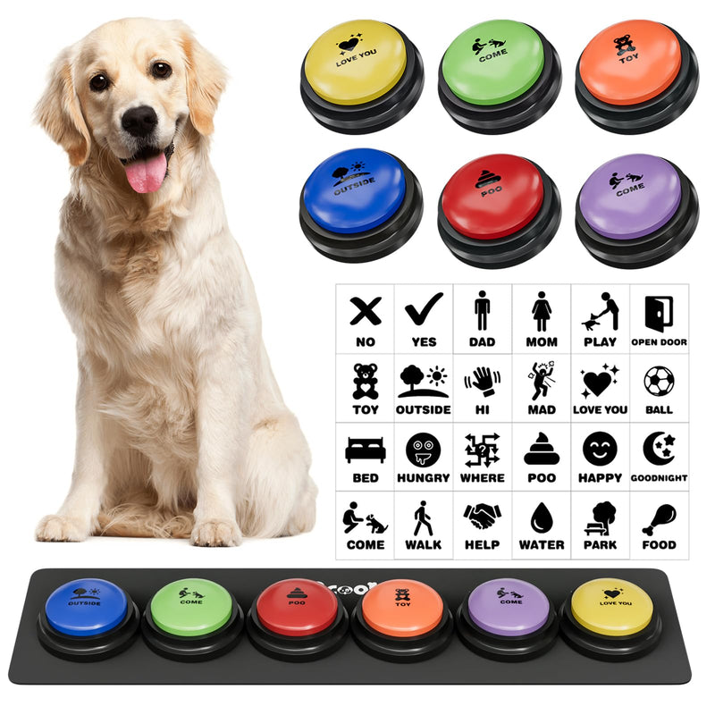 Dog Buttons for Communication, 6 Pcs Dog Talking Button Set, 30s Voice Recordable Pet Training Buzzer, Speaking Buttons for Cats & Dogs with Waterproof Dog Activity Mat and 24 Scene Stickers 6 Pack - PawsPlanet Australia