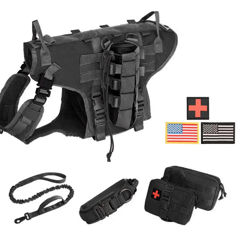 Tactical Dog Vest Harness and Training Dog Collar with Bungee Dog Leash Set No Pull Military Dog Harness with 2 Detachable and 1 Water Bottle Pouches for Outdoor Training Service, Black L - PawsPlanet Australia