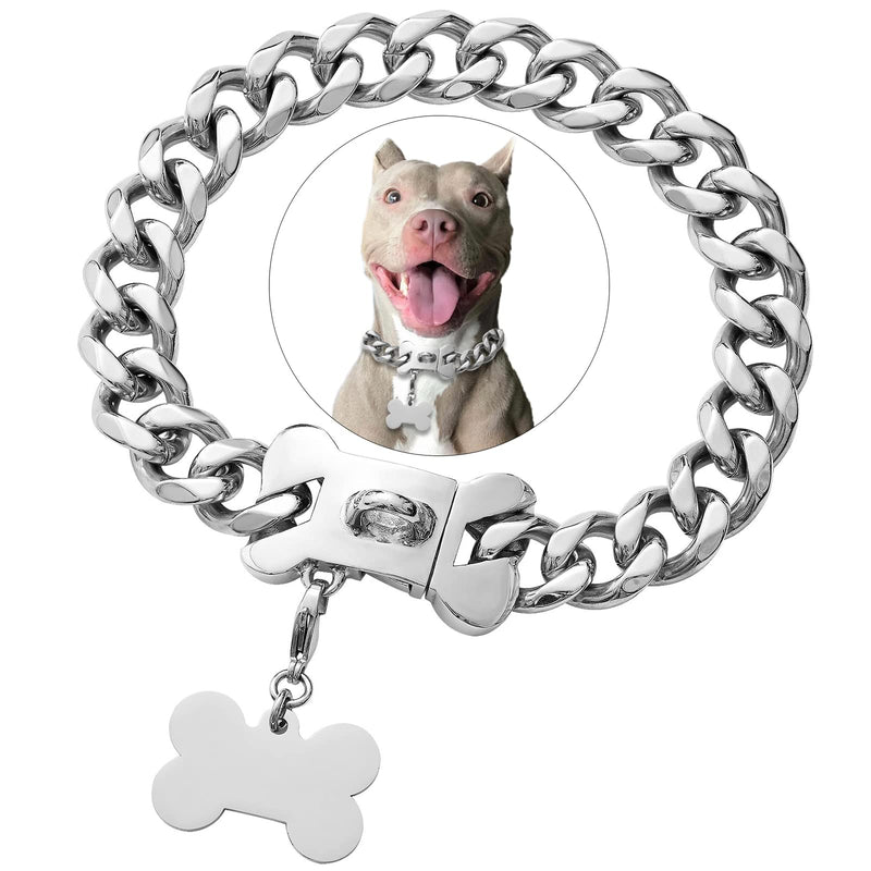 Stainless Steel Cuban Silver Link Heavy Duty Necklace Dog Collar for Small Medium Large Dogs, American Bully French Bulldog Dog Collar with CZ Luxury Safety Personalized Dog Tag Buckle Silver 12 Inch (Pack of 1) - PawsPlanet Australia
