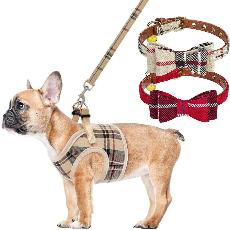Small Dog Harness Leash with 2 Packs Collars - Basic Plaid Padded Step-in Chest Vest, Plaid Small Dog Collar Charm Adjustable Bowtie Soft Leather Cat Collar for Kitties, Puppy, Small Pets - PawsPlanet Australia