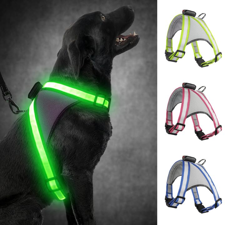 Visinite LED Dog Harness, USB Rechargeable Light Up Dog Vest, 2 Illuminate Modes Glow in The Dark Dog Harness, Adjustable Lighted Pet Harness Light for Night Walking Safety (Green, XL) Extra Large Green