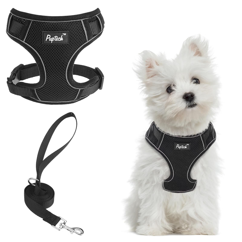 PUPTECK Small Dog Harness and Leash Set, No Pull Adjustable Puppy Cat Harness, Reflective Soft Mesh Pet Vest Small Sized S (6-14lbs, Chest 13.5"-18", Neck up to 15") Black - PawsPlanet Australia