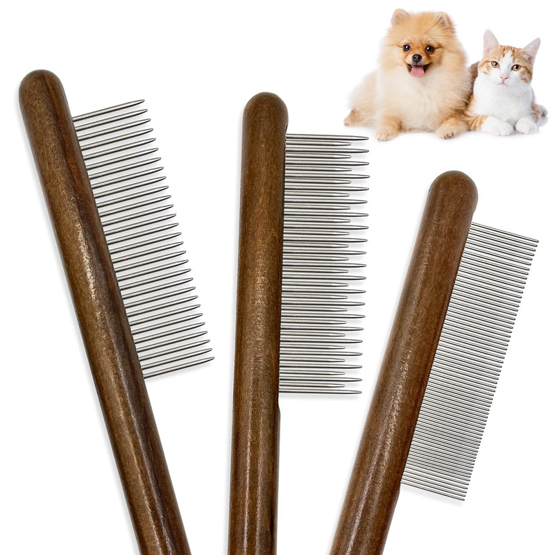 3 Pack Solid Wood Cat Combs, Stainless Steel Teeth for Cat Dog Rabbit Massage, Flea Lice Comb Removes Mats, Tangles and Loose Fur, Grooming Comb for Small Medium Pets MIX-3PCS