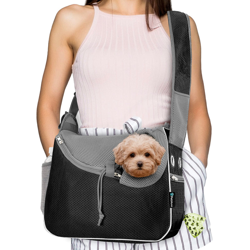 PetAmi Small Dog Sling Carrier, Soft-Sided Crossbody Puppy Carrying Purse Bag, Adjustable Sling Pet Pouch to Wear Medium Dog Cat Travel, Dog Bag for Traveling, Poop Bag Dispenser, Max 10 lbs, Black - PawsPlanet Australia