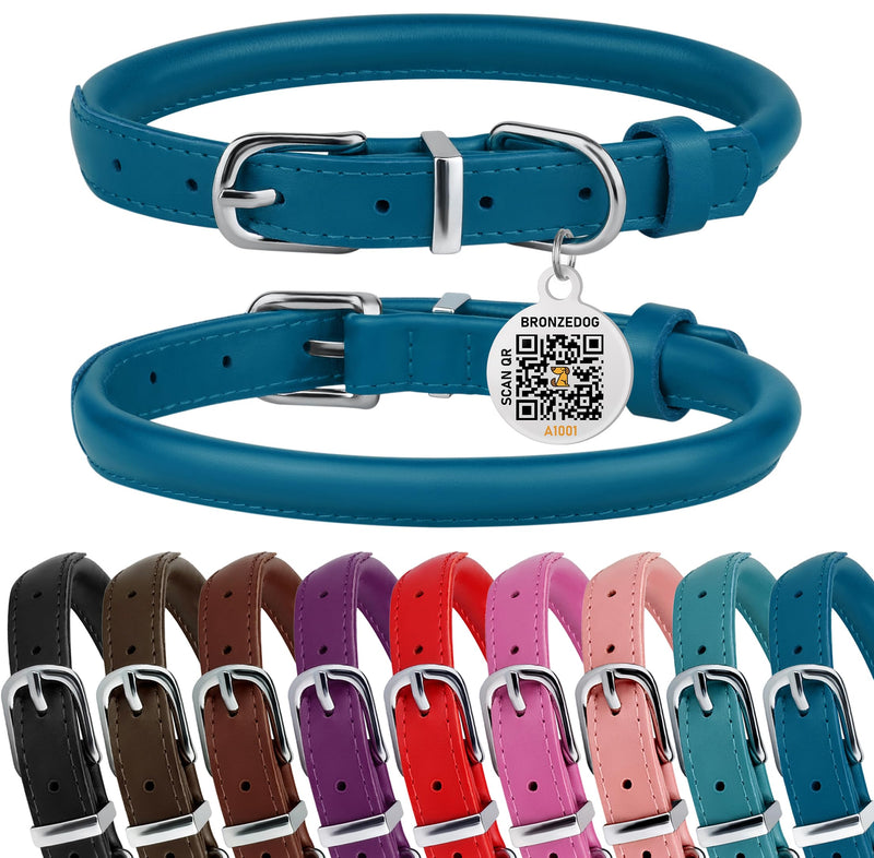 BRONZEDOG Rolled Leather Dog Collar for Small Medium Large Dogs with QR ID Tag (M: 14-16 Inch, Ocean Blue) M: 14 - 16 Inch