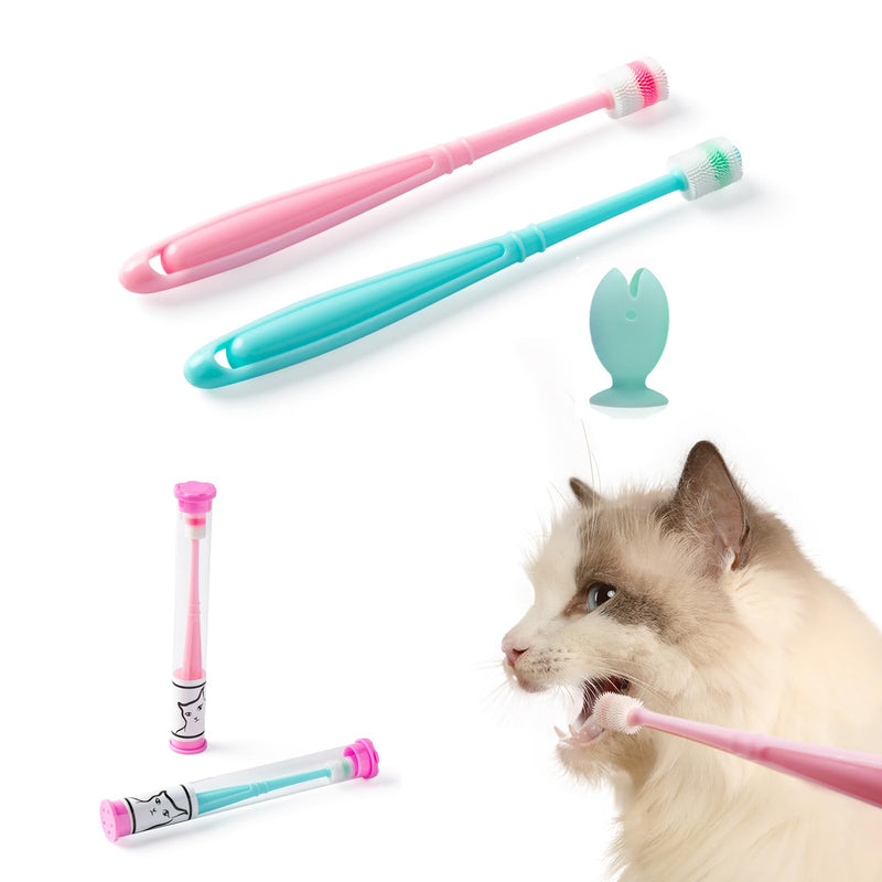 E.M&S.T by Emmeliestella Small Dog & Cat Toothbrush 360 Degree Soft Silicone, Cat Dental Care, Toothbrush Holder, Easy to Handle, Independent Packaging, Extra Suction Cup, Light Blue&Light Pink 3PCS - PawsPlanet Australia