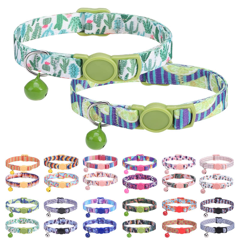 Breakaway Cat Collars for Girl Boy Cats, Spring Summer All Weather Cat Collar Personalized Pattern 2 Pack,Cute Classic Safety Buckles and Bells,Adjustable Printed Nylon Colorful Kitten Collar Cactus Jungle - PawsPlanet Australia