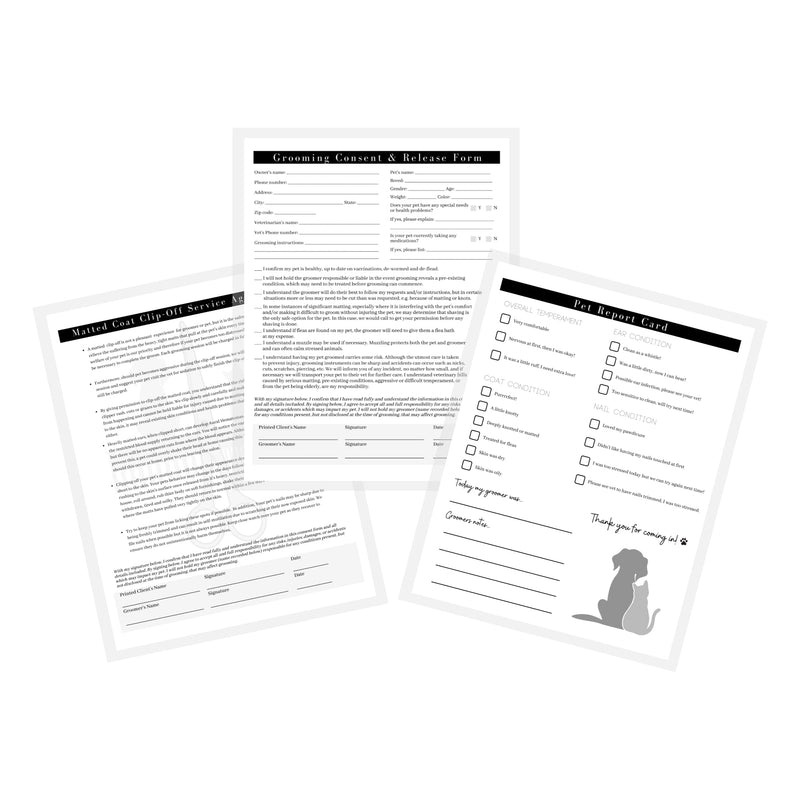Pet Grooming Intake Forms, Consent & Release, Matted Coat Clip-Off Agreement, Pet Report Card | 50 pk, 25 of each, dbl sided | 8.5x11” Groomer Signature Client Grooming Tips Black and White Minimalist - PawsPlanet Australia