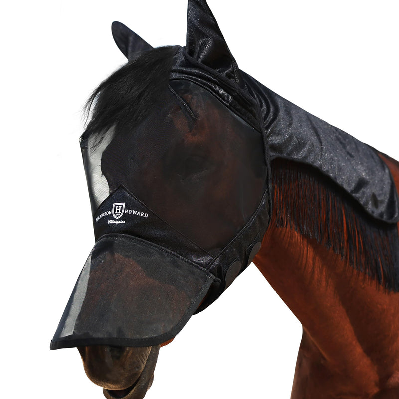 Harrison Howard Pro Fly Mask with Extended Neck Cover Large Eye Space Full Face UV-Proof Mane Styling for Horse Black L - PawsPlanet Australia
