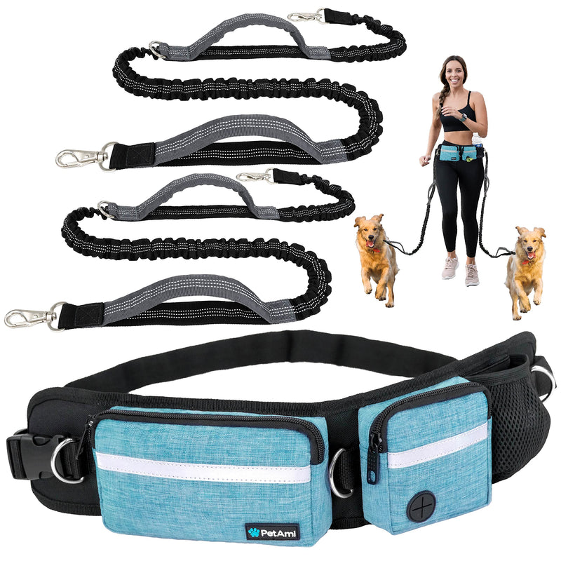PetAmi Hands Free Dog Leash, Dog Running Leash Belt Bag for Walking, Jogging, Dog Waist Double Zipper Pouch with Poop Bag Dispenser, Dual Padded Handles Reflective Bungee Leash, Double (Turquoise) 2 Leashes Turquoise - PawsPlanet Australia