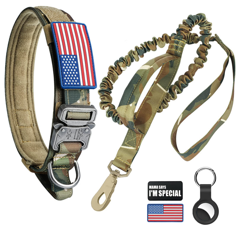 Tactical Dog Collar and Bungee Leash, Camo Military Dog Collar & Leash Set with USA American Flag Adjustable K9 Collar with Heavy Duty Metal Buckle & Handle,with Patches and Airtags Case (XL, Camo) XL - PawsPlanet Australia