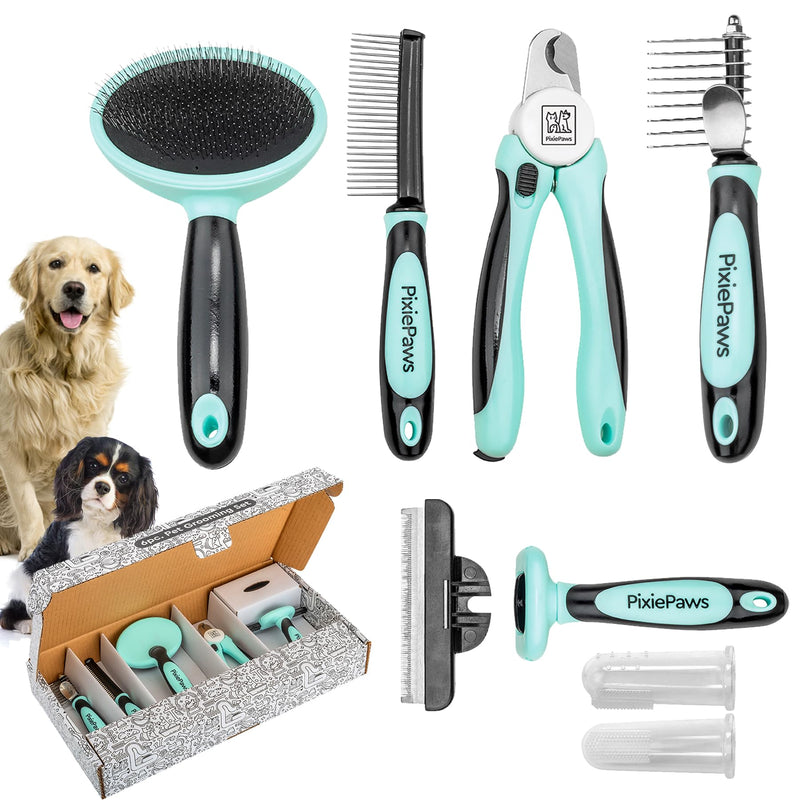 Pixie Paws Grooming Pet Brush 6 Piece Set, Dog and Cat Kit, Dematting Comb, Deshedding Fur, Toothbrush Clean Teeth, Remove Knot Tangles, Nail Clippers, Comfortable Handle - 530004E - PawsPlanet Australia