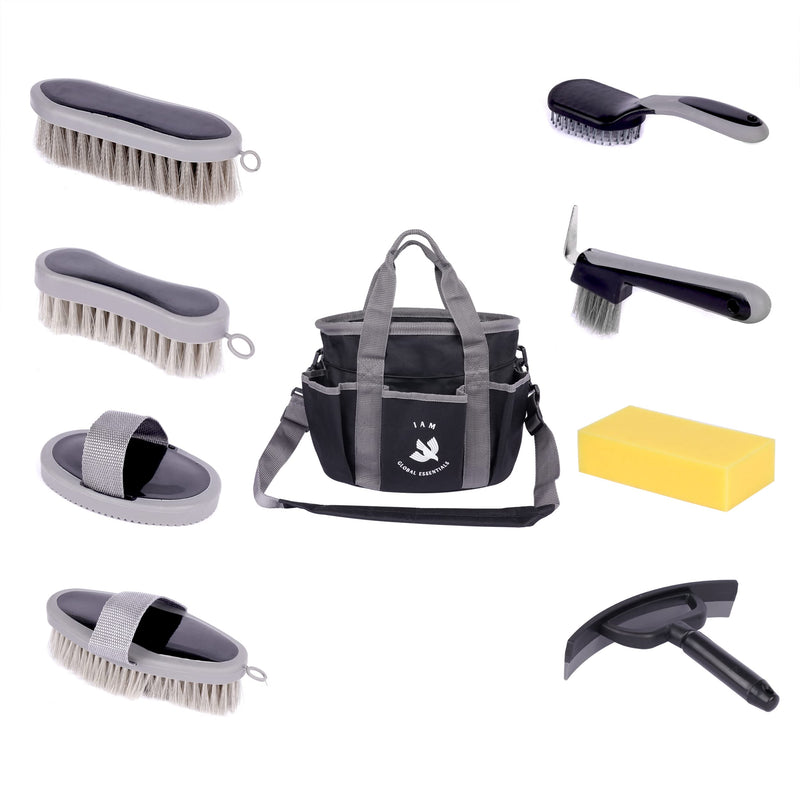 Premium Grooming Kit (9 Piece) - Organizer Tote Bag with Brushes for Tack Room - Nylon & Plastic Brushes for Horses - Perfect for Beginners or Professionals - PawsPlanet Australia