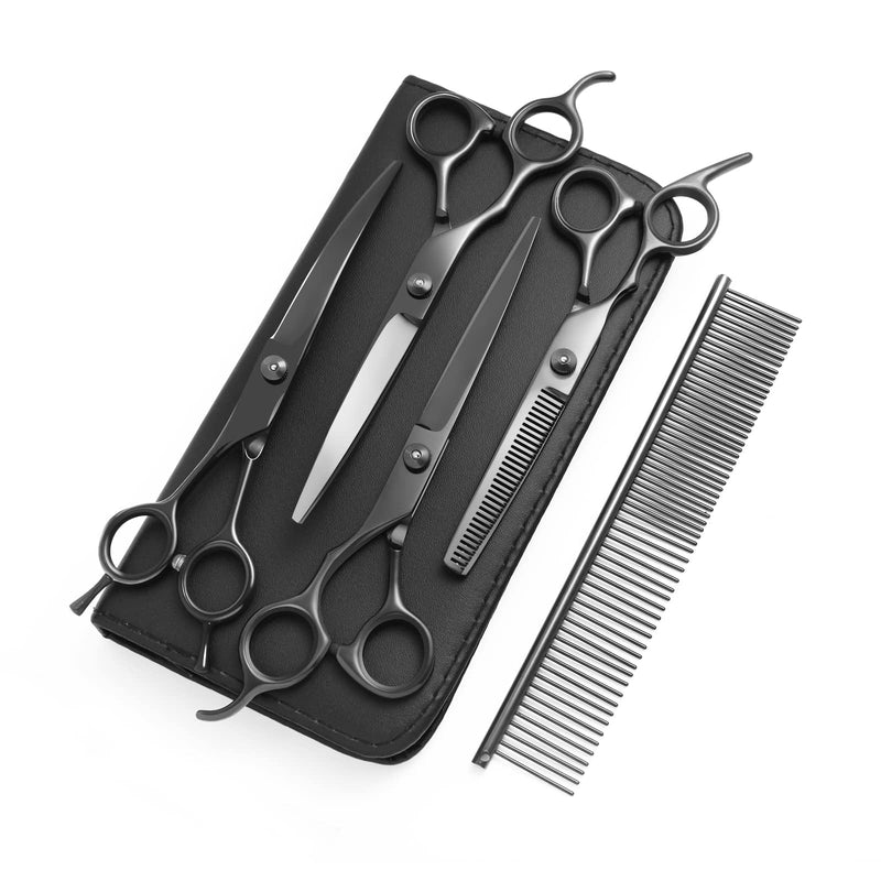 8.0 in 9CR Titanium Professional dog grooming scissors set,Grooming Scissors for Dogs Cats,Pet nail clippers,Shears, Straight,Curved,Thinning Shears,Comb for Full Body,Face, Nose,Ear,Paw Black - PawsPlanet Australia