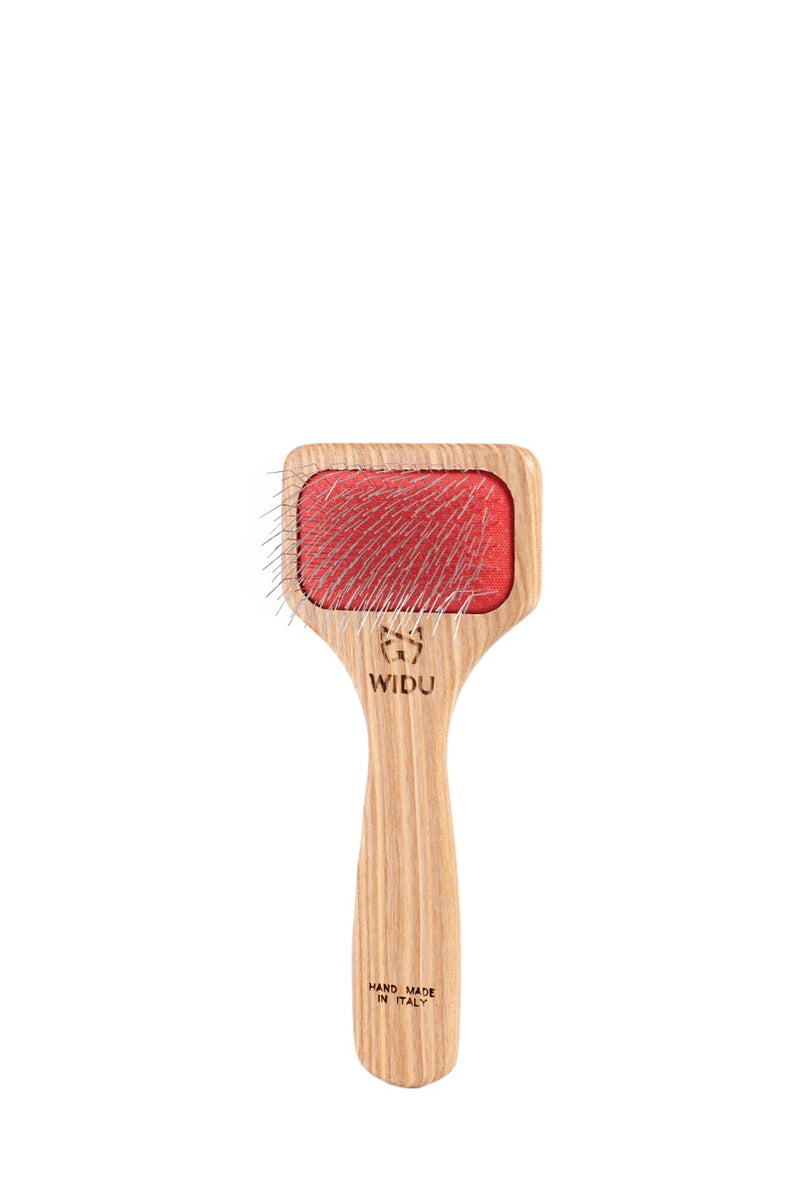 WIDU - Brush for Dogs and Cats, Ideal for Small Pets with Long Hair, Professional Carder in Ash Wood, Handmade in Italy - 16 x 7 cm, with 20 mm Long Teeth and 70° Inclination Small brush with long teeth