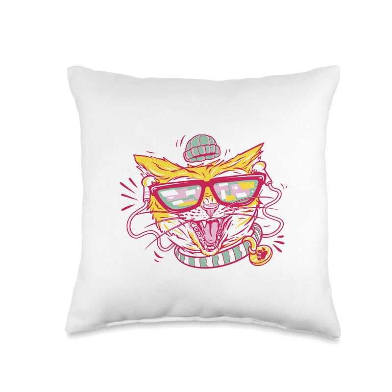 Hipster Cat Funny Cartoon Pet Sunglasses Cool Throw Pillow 16x16