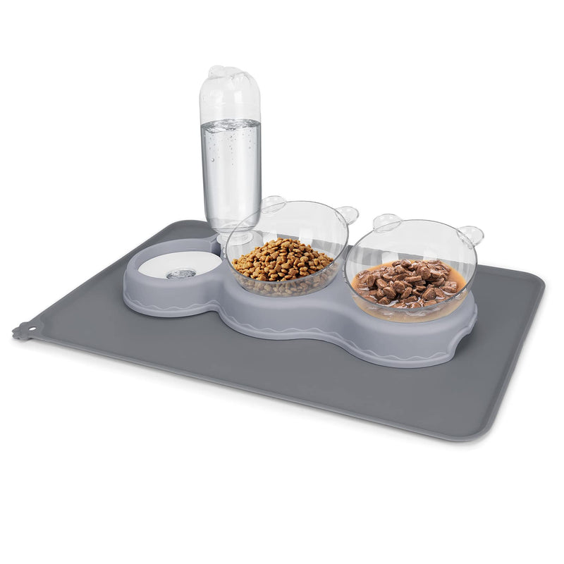 Triple Cat Bowls for Food and Water, YECERCAN Plastic Raised Cat Food Bowls with Automatic Water Bottle & Waterproof Mat for Cat/Small Dogs, 3 in 1 Pet Feeder for Wet/Dry Food Dark Gray - PawsPlanet Australia