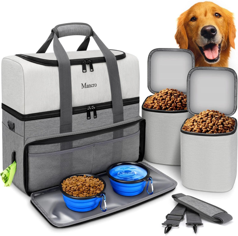Mancro Dual Layers Dog Travel Bag, Pet Travel Bags with 2 Extra Large Food Containers, 2 Collapsible Dog Bowls, Multi-Pockets Tote Organizer for Pet Supplies, Road Trip Essentials, Weekend Camping Dark Grey - PawsPlanet Australia