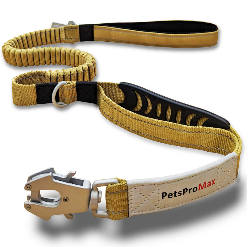 PetsProMax Tactical Dog Leash – Heavy-Duty Bungee Leash with Car Seat Belt Metal Clip & Advanced Easy-to-Use Frog Buckle, 360° Rotatable Hook, 5-7 Feet Stretchable (Brown, Chrome Buckle) Coyote Brown - PawsPlanet Australia