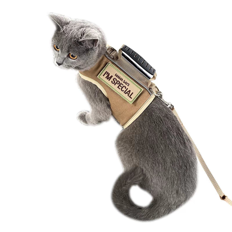 Tactical Cat Harness and Leash for Walking Escape Proof, Adjustable Cat Walking Jackets, Padded Stylish Cat Vest, Khaki, Medium M 5.5-9LBS Solid Khaki - PawsPlanet Australia