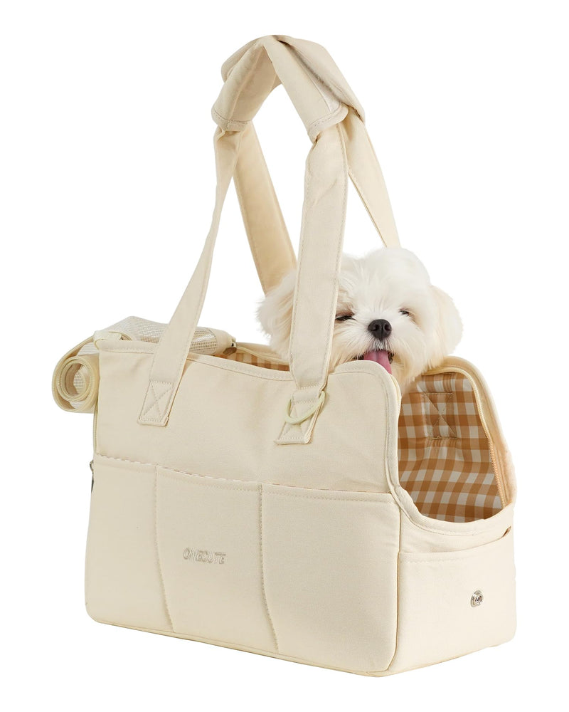 Dog Carrier for Small Dogs Rabbit cat with Large Pockets, Cotton Bag, Dog Carrier Soft Sided, Collapsible Travel Puppy Carrier (Beige, 17" L x 7.5" W x 12" H) 17.0"L x 7.5"W x 12.0"H Beige - PawsPlanet Australia