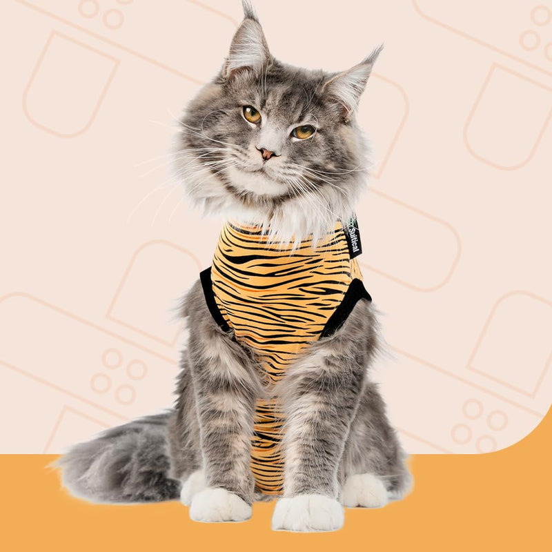 Suitical Cat Recovery Suit for Spay, Neuter, Suture, Incision, & Skin Conditions - Breathable Fabric with Back Opening - 15.7-17.7 Inches Neck to Tail, 18-24 Inches Chest - XS, Tiger Print - PawsPlanet Australia