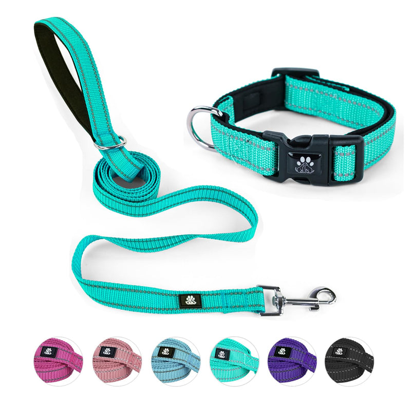 NESTROAD Reflective Dog Collar and Leash Set,Soft Neoprene Pet Collar with Quick Release Buckle,Adjustable Nylon Dog Collars for Small Medium Large Dogs(Medium Collar + 5FT Leash,Teal) Medium(16-20" Length,1.0" Width) Teal - PawsPlanet Australia