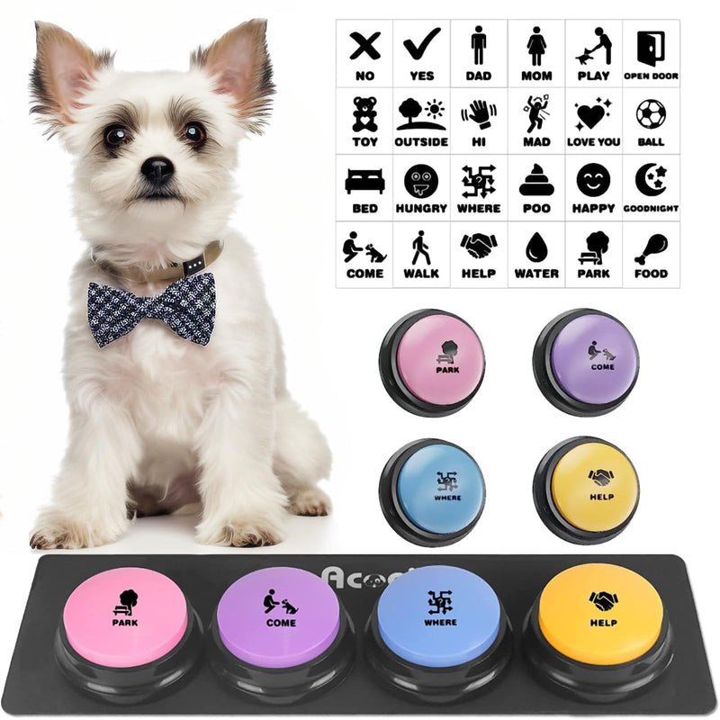 Dog Buttons for Communication, 4 Dog Talking Button Set, Speaking Buttons for Cats and Dogs, 30s Voice Recordable Pet Training Buzzer with Waterproof Dog Activity Mat and 24 Scene Stickers 4Pack - PawsPlanet Australia