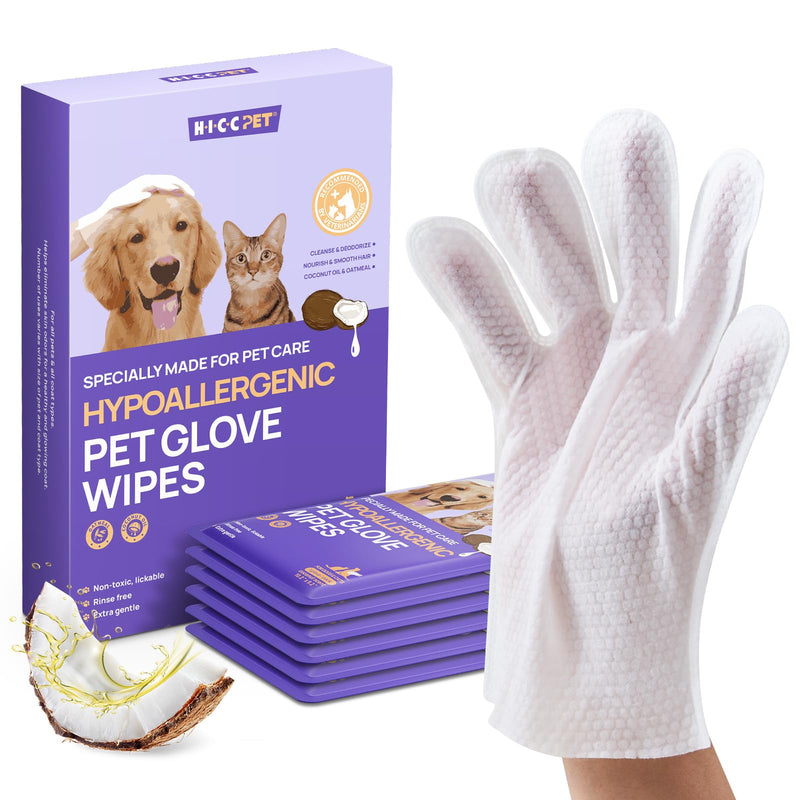 HICC PET Cleaning Deodorizing Glove Wipes for Dogs & Cats, Vet Recommended Hypoallergenic Hydrating & Nourish Fur Pet Grooming Glove Wipes, Pet Bathing Wipes for Horse Coat Care,6pcs Coconut Scent 6 PCS
