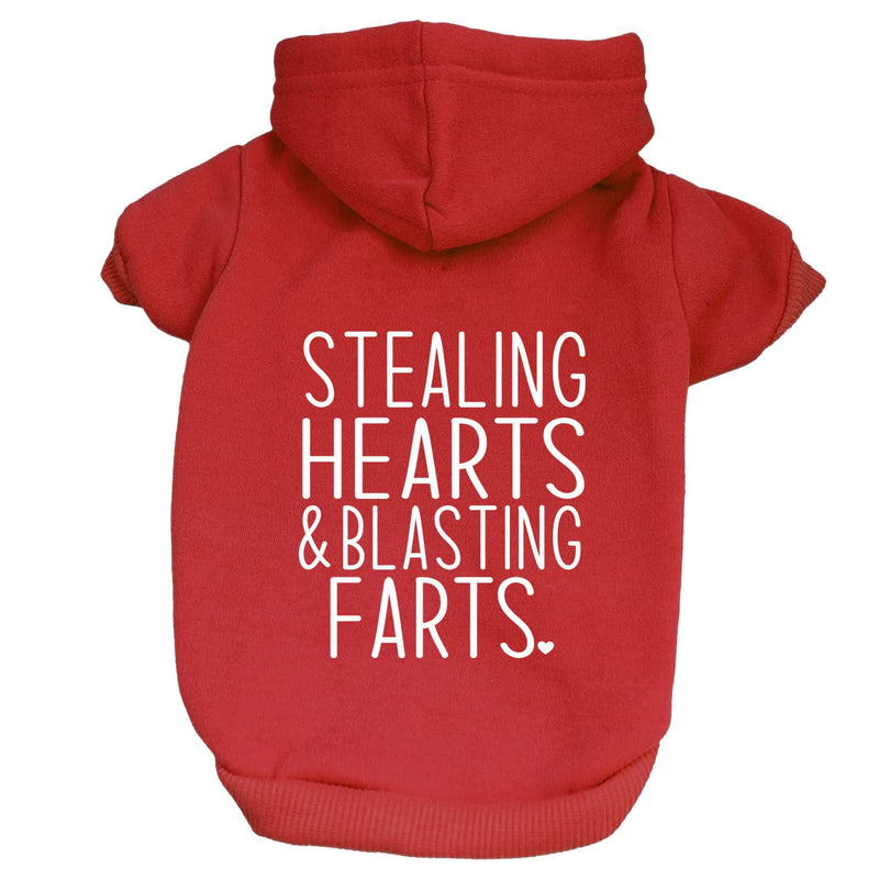 Stealing Hearts & Blasting Farts Valentine's Day Dog Hoodie Fleece Lined Pullover Sweatshirt with Leash Hole (Red, Medium 983) Red-Hoodie Medium (6-12lbs) - PawsPlanet Australia