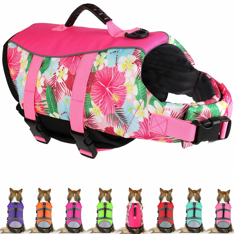 Mklhgty Hawaiian Dog Life Jacket - Adjustable Ripstop Vest with Rescue Handle for Swimming Boating, High-Flotation Safety Device for Small Medium Large Dogs (Floral Pink,S) Floral Pink - PawsPlanet Australia