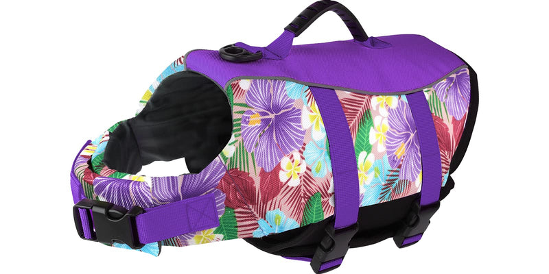 Ripstop Dog Life Jacket, Reflective & Adjustable Dog Swimming Vest with Handle, Dog Life Vests for Boating & Swimming, Pet Safety Life Preserver for Small Medium Large Dogs (Purple, S) Floral Purple - PawsPlanet Australia