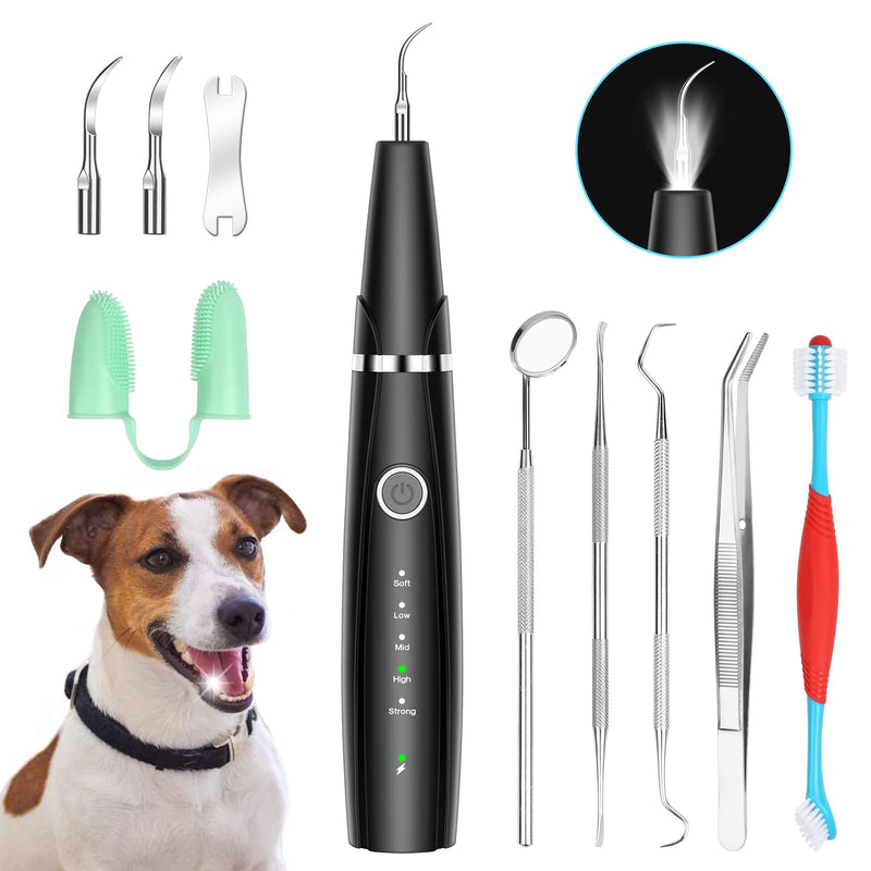 Ultrasonic Dog Teeth Cleaning Kit for Pet Teeth Cleaning, Dog Plaque Remover for Teeth, 5 Modes Dog Tartar Remover for Teeth Care to Remove Stains Calculus, 10 in 1 Pet Cleaner Toothbrush (Black) Black - PawsPlanet Australia